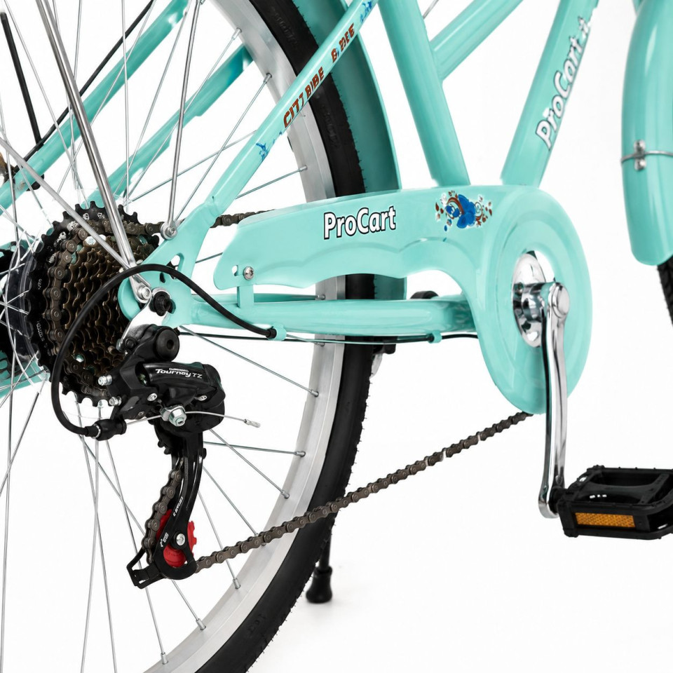 Bicicleta dama, 24 inch, 6 viteze, cos detasabil, portbagaj, v-brake, sonerie, turcoaz, procart