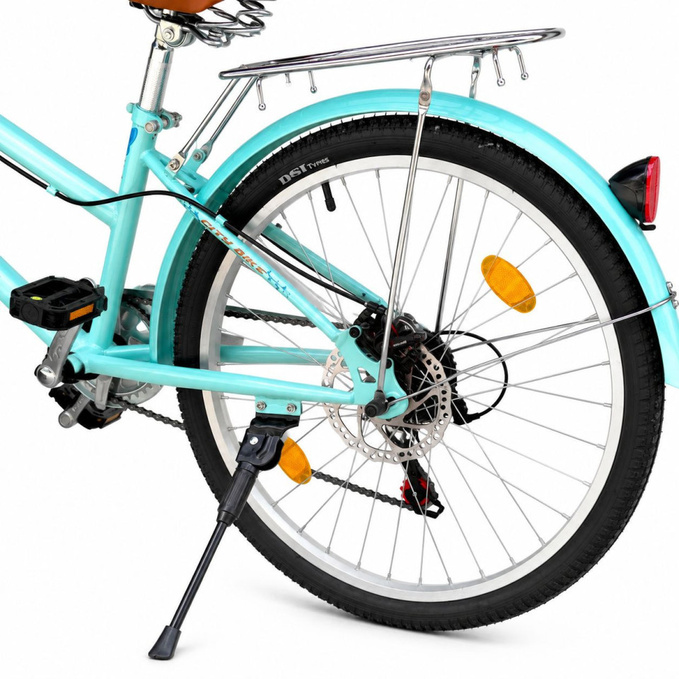 Bicicleta dama, 24 inch, 6 viteze, cos detasabil, portbagaj, v-brake, sonerie, turcoaz, procart