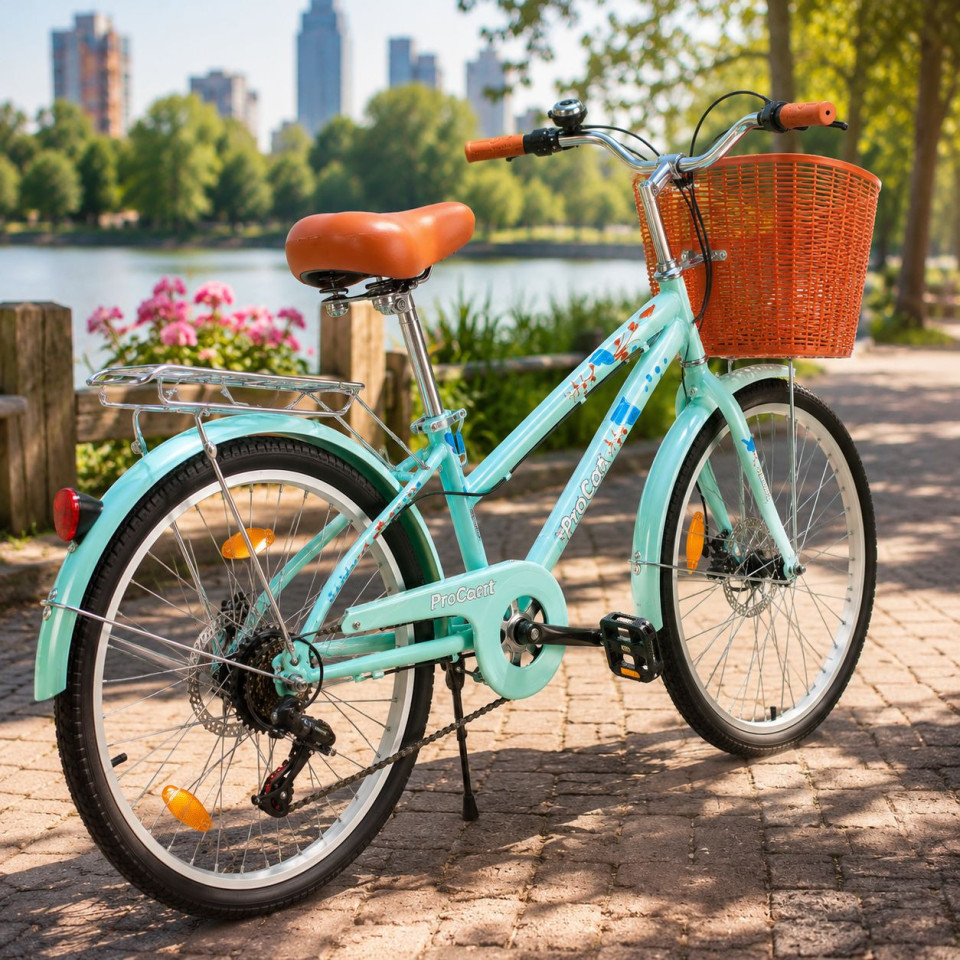 Bicicleta dama, 24 inch, 6 viteze, cos detasabil, portbagaj, v-brake, sonerie, turcoaz, procart