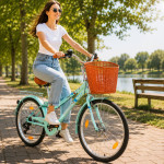 Bicicleta dama, 24 inch, 6 viteze, cos detasabil, portbagaj, v-brake, sonerie, turcoaz, procart