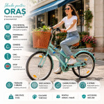 Bicicleta dama, 24 inch, 6 viteze, cos detasabil, portbagaj, v-brake, sonerie, turcoaz, procart