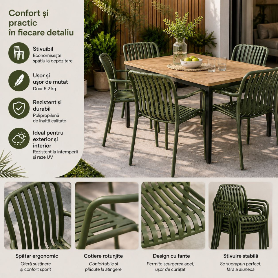 Scaun de gradina stivuibil cu brate, pentru terasa si balcon, 54x58.5x80.5 cm culoare verde