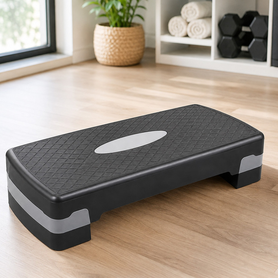 Stepper aerobic reglabil pe inaltime 2 niveluri, platforma fitness antiderapanta, capacitate 120 kg, 68x28x10/15 cm
