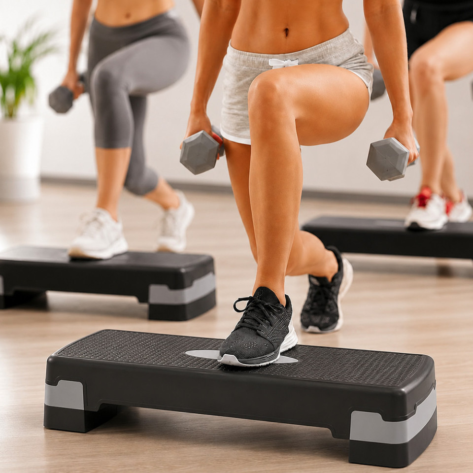 Stepper aerobic reglabil pe inaltime 2 niveluri, platforma fitness antiderapanta, capacitate 120 kg, 68x28x10/15 cm