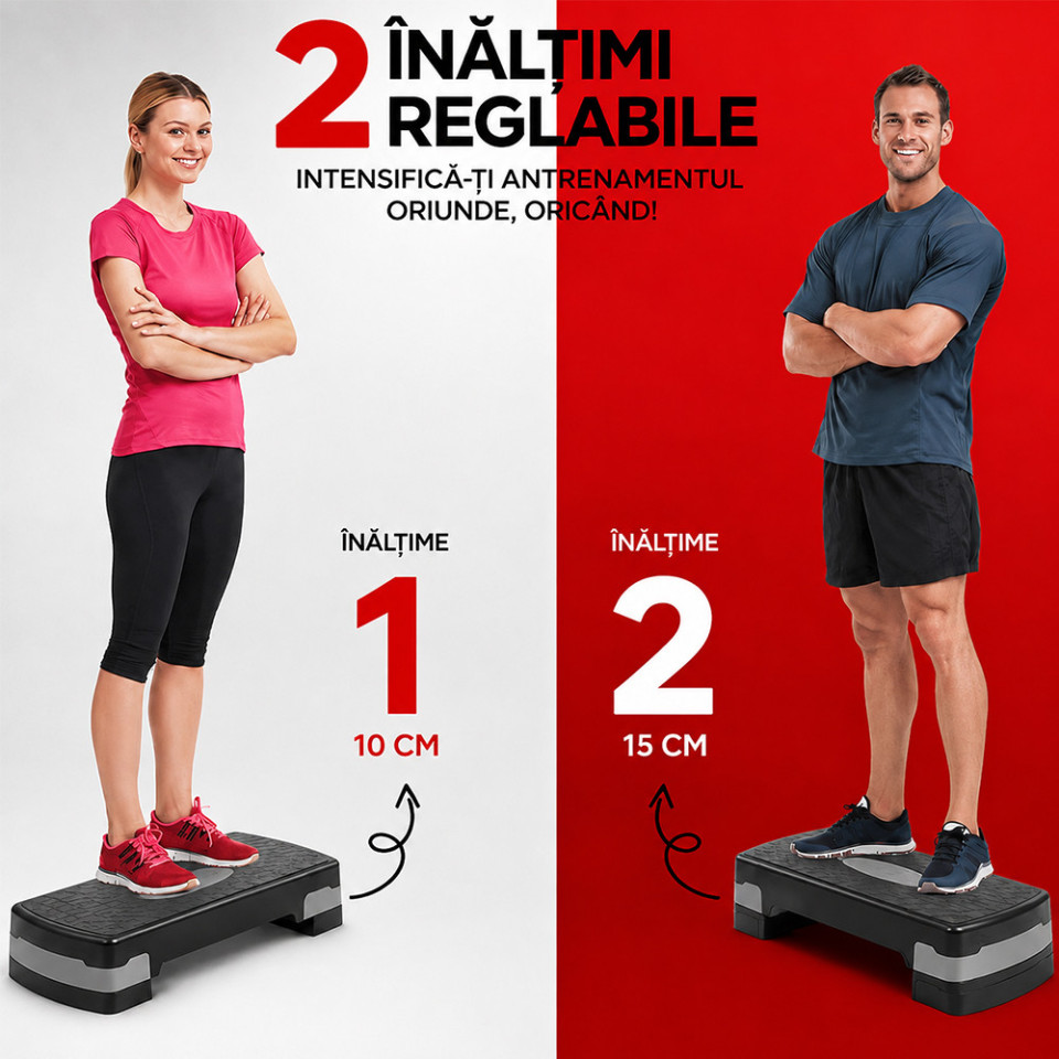 Stepper aerobic reglabil pe inaltime 2 niveluri, platforma fitness antiderapanta, capacitate 120 kg, 68x28x10/15 cm