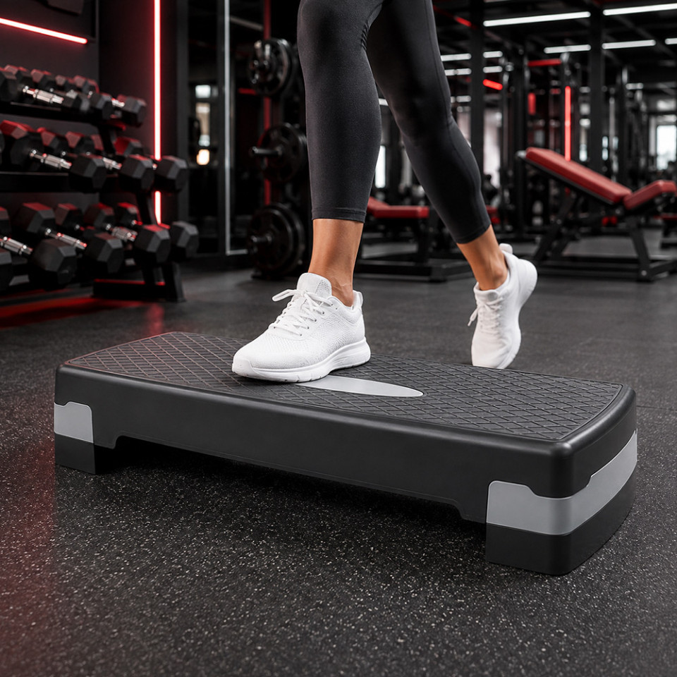 Stepper aerobic reglabil pe inaltime 2 niveluri, platforma fitness antiderapanta, capacitate 120 kg, 68x28x10/15 cm
