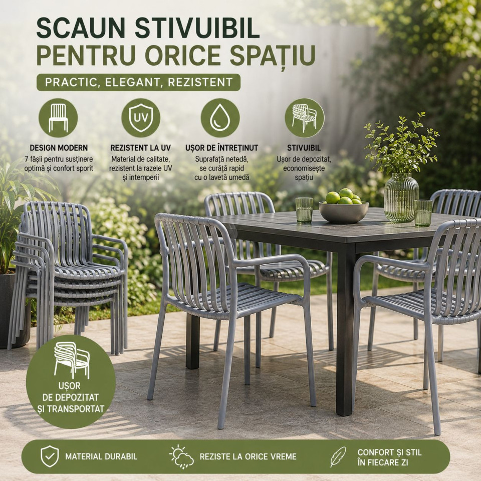 Scaun de gradina stivuibil cu brate, pentru terasa si balcon, 54x58.5x80.5 cm culoare gri