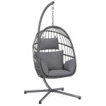 Fotoliu suspendat premium tip ou, pliabil, cu suport metalic, poliratan gri, perne confortabile incluse culoare perne gri