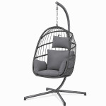Fotoliu suspendat premium tip ou, pliabil, cu suport metalic, poliratan gri, perne confortabile incluse culoare perne gri