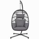 Fotoliu suspendat premium tip ou, pliabil, cu suport metalic, poliratan gri, perne confortabile incluse culoare perne gri