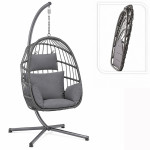 Fotoliu suspendat premium tip ou, pliabil, cu suport metalic, poliratan gri, perne confortabile incluse culoare perne gri