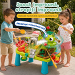 Masuta de activitati interactiva cu apa, parc acvatic cu dinozauri, cascada, pescuit si accesorii, picioare detasabile