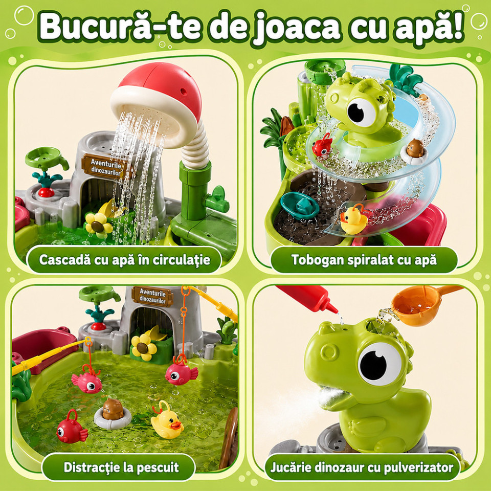 Masuta de activitati interactiva cu apa, parc acvatic cu dinozauri, cascada, pescuit si accesorii, picioare detasabile