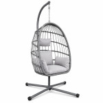 Fotoliu suspendat premium tip ou, pliabil, cu suport metalic, poliratan gri, perne confortabile incluse culoare perne gri