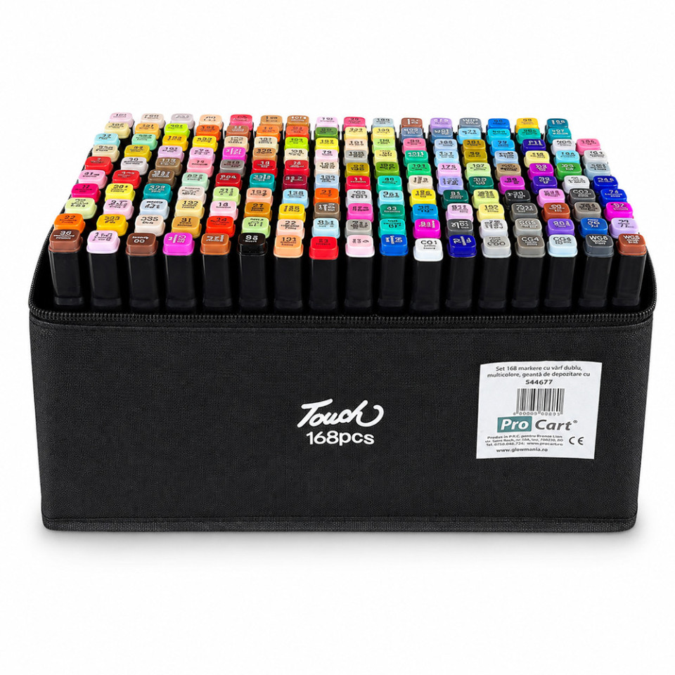 Set 168 markere cu varf dublu, multicolore, geanta de depozitare