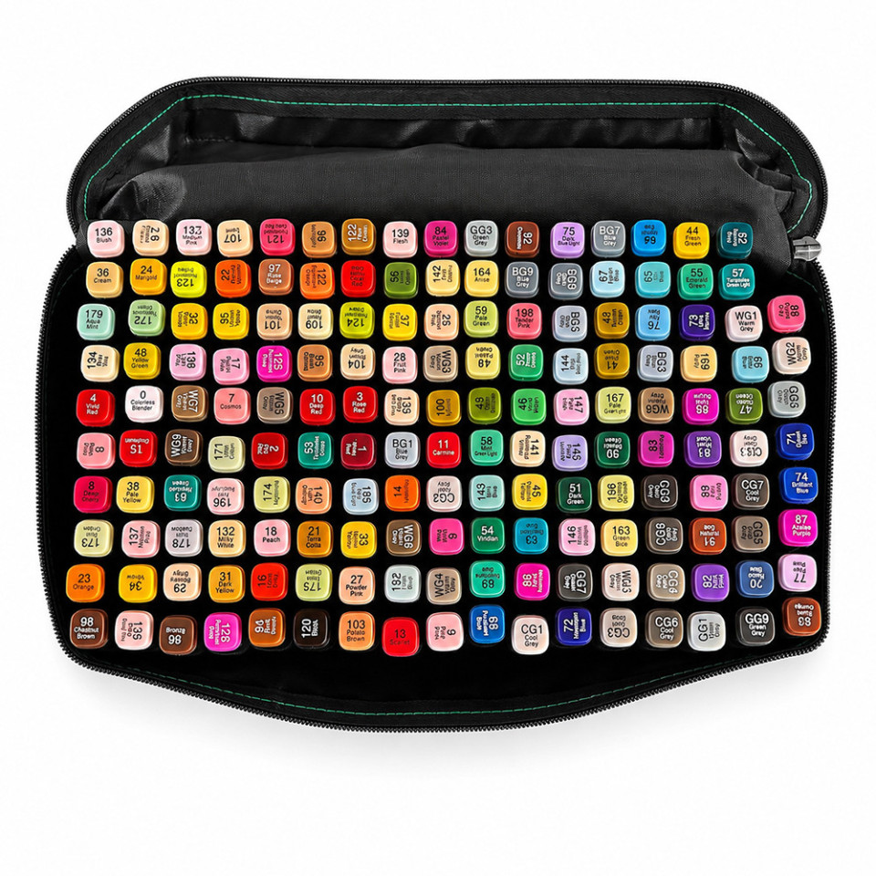 Set 168 markere cu varf dublu, multicolore, geanta de depozitare