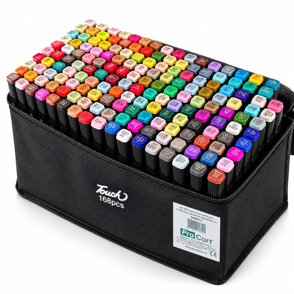 Set 168 markere cu varf dublu, multicolore, geanta de depozitare