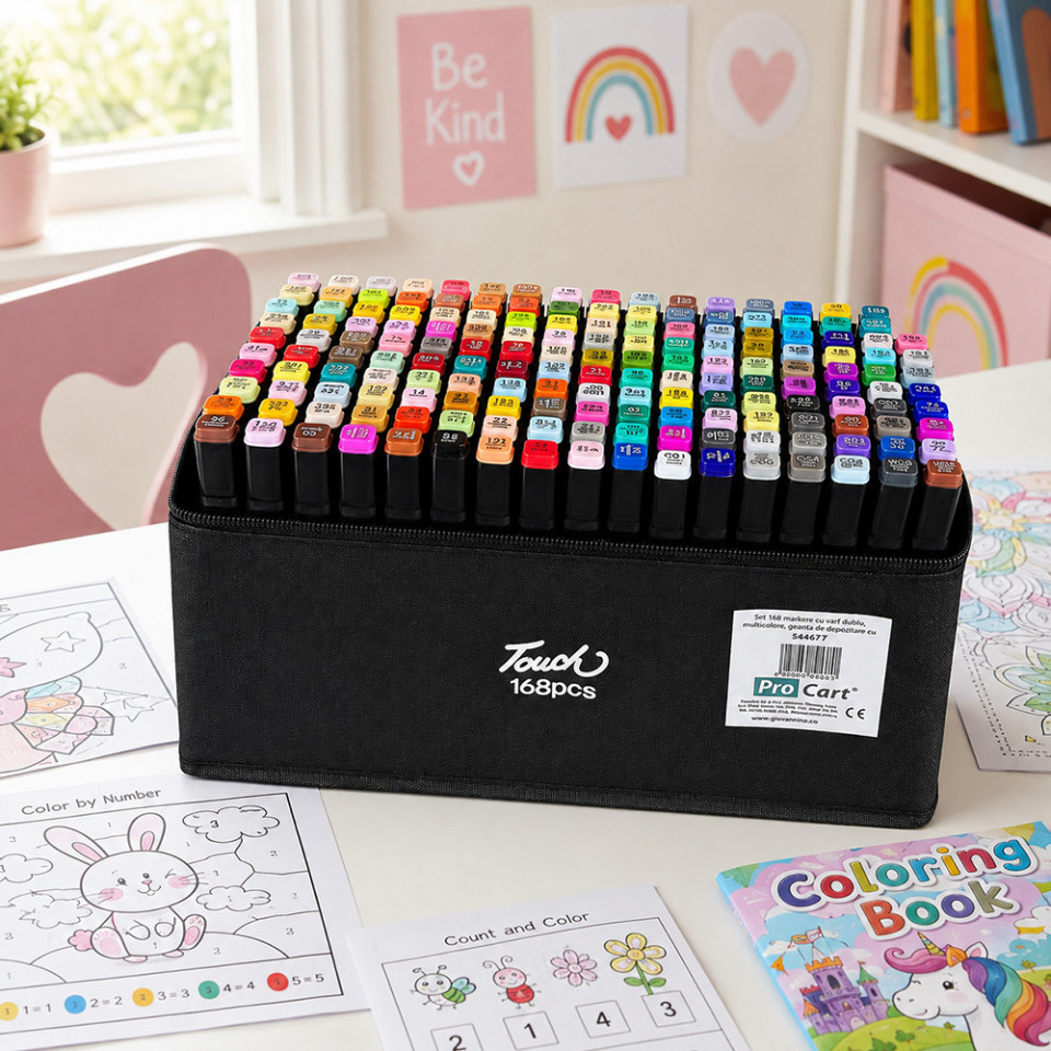 Set 168 markere cu varf dublu, multicolore, geanta de depozitare