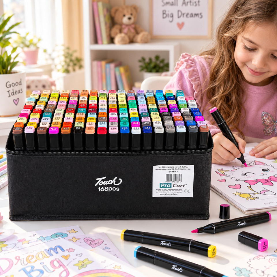 Set 168 markere cu varf dublu, multicolore, geanta de depozitare