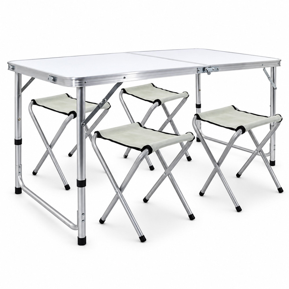Set masa cu 4 scaune pentru camping, inaltime masa reglabila, 120x60x70/62/55 cm, aluminiu