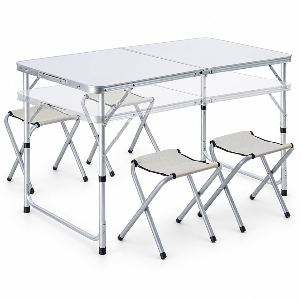 Set masa cu 4 scaune pentru camping, inaltime masa reglabila, 120x60x70/62/55 cm, aluminiu