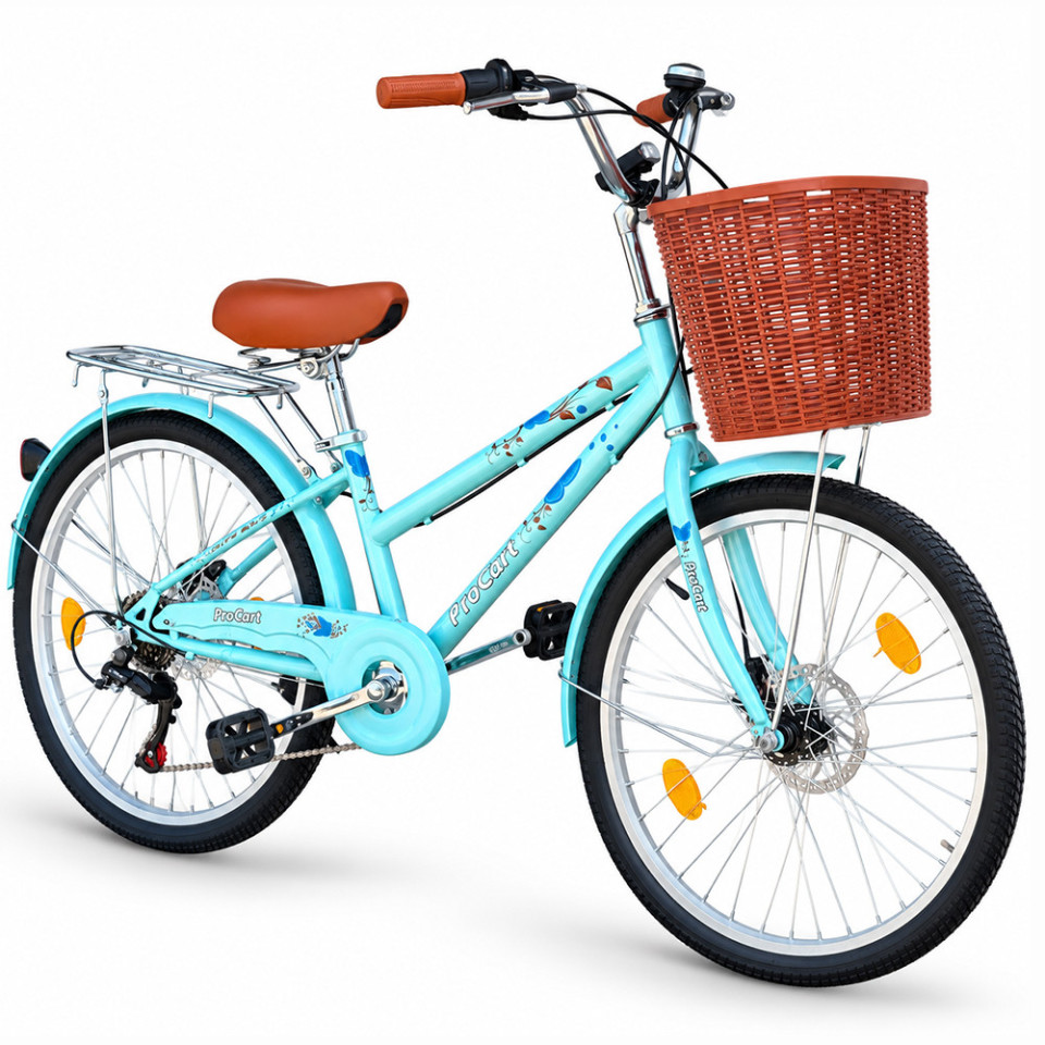 Bicicleta dama, 24 inch, 6 viteze, cos detasabil, portbagaj, frane pe disc, sonerie, turcoaz, procart