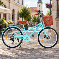 Bicicleta dama, 24 inch, 6 viteze, cos detasabil, portbagaj, frane pe disc, sonerie, turcoaz, procart