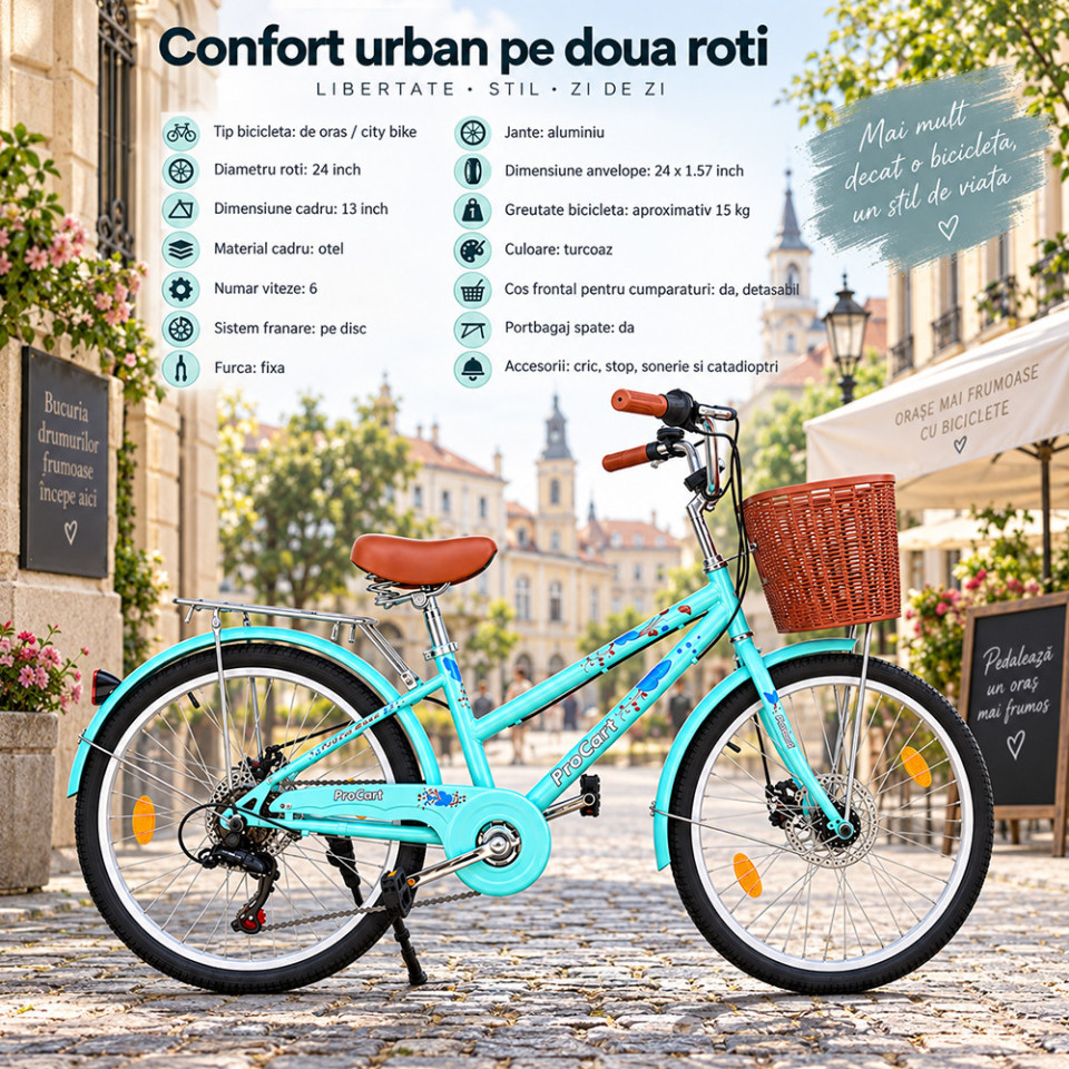 Bicicleta dama, 24 inch, 6 viteze, cos detasabil, portbagaj, frane pe disc, sonerie, turcoaz, procart