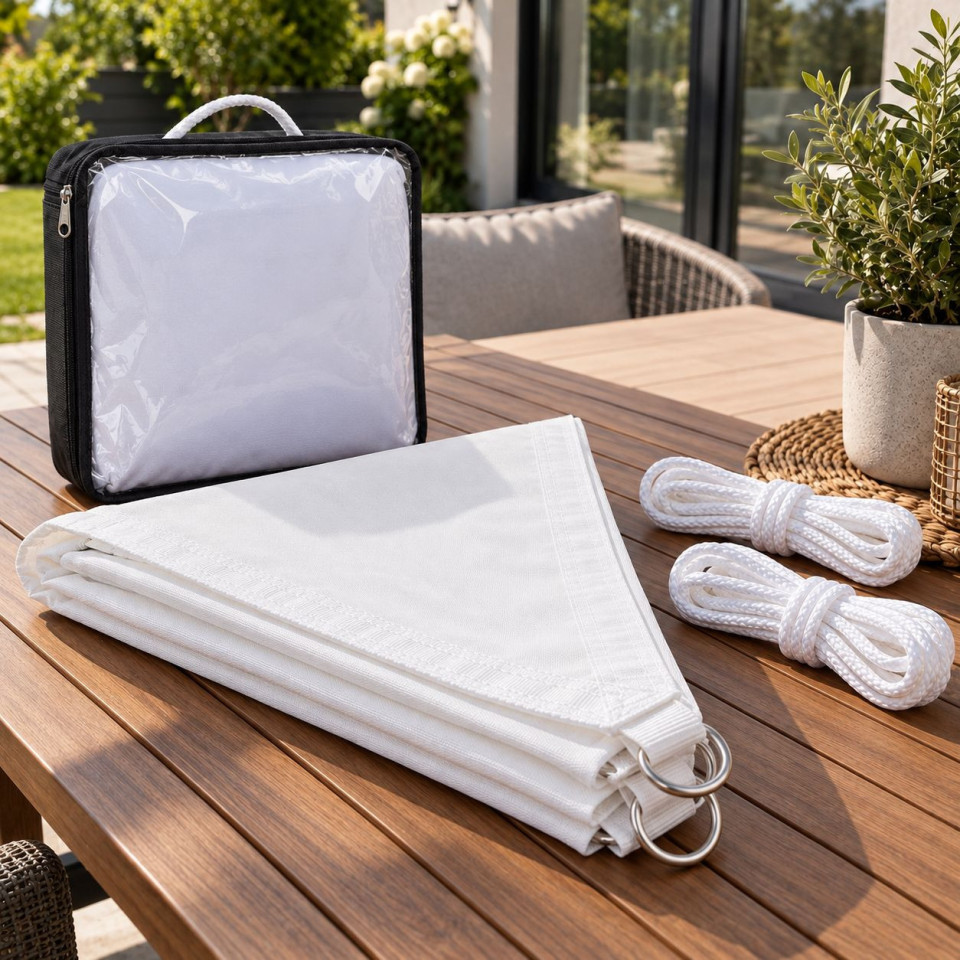 Copertina parasolar triunghiulara 3x3x3 m, impermeabila, protectie uv 90%, 180 g/mp, cu franghii de prindere, alb