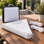 Copertina parasolar triunghiulara 3x3x3 m, impermeabila, protectie uv 90%, 180 g/mp, cu franghii de prindere, alb