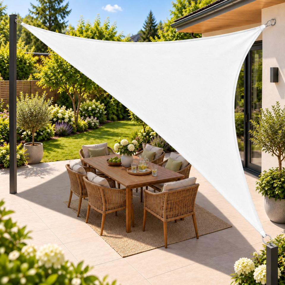 Copertina parasolar triunghiulara 3x3x3 m, impermeabila, protectie uv 90%, 180 g/mp, cu franghii de prindere, alb