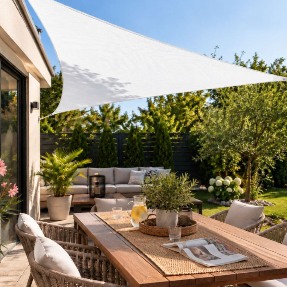 Copertina parasolar triunghiulara 3x3x3 m, impermeabila, protectie uv 90%, 180 g/mp, cu franghii de prindere, alb
