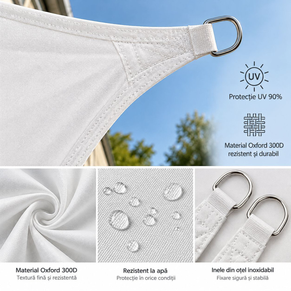 Copertina parasolar triunghiulara 3x3x3 m, impermeabila, protectie uv 90%, 180 g/mp, cu franghii de prindere, alb