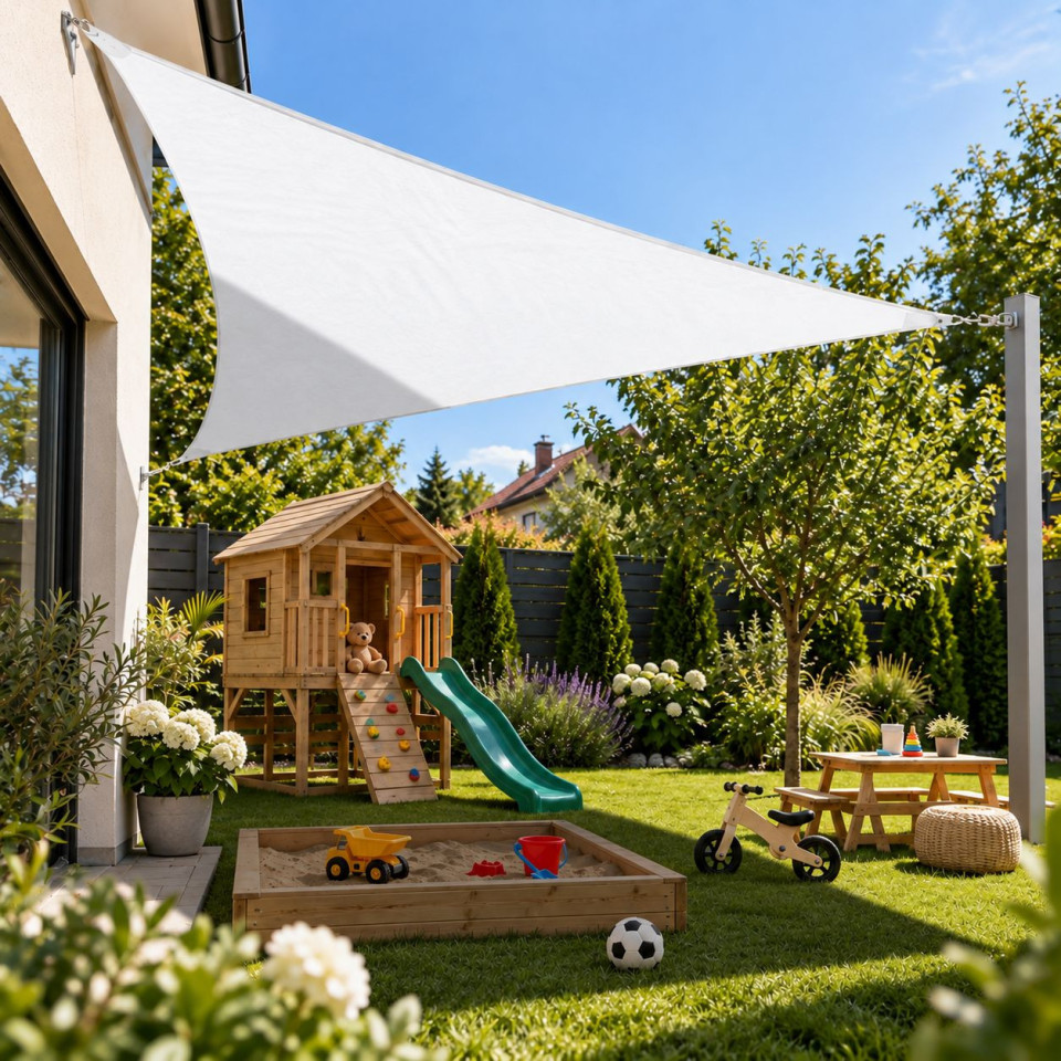 Copertina parasolar triunghiulara 3x3x3 m, impermeabila, protectie uv 90%, 180 g/mp, cu franghii de prindere, alb