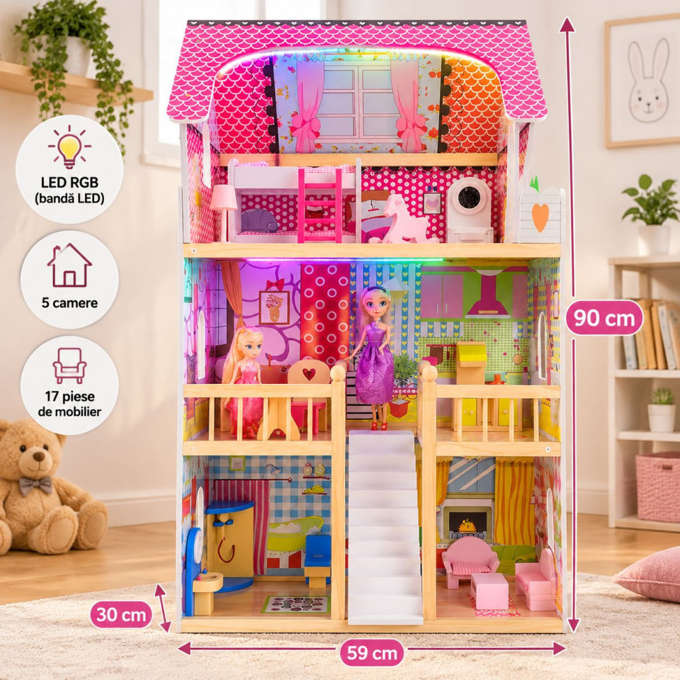 Casuta de papusi din lemn, 90 cm, cu iluminare led rgb, 3 etaje, 5 camere si mobilier inclus
