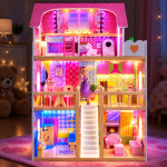 Casuta de papusi din lemn, 90 cm, cu iluminare led rgb, 3 etaje, 5 camere si mobilier inclus