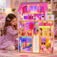 Casuta de papusi din lemn, 90 cm, cu iluminare led rgb, 3 etaje, 5 camere si mobilier inclus