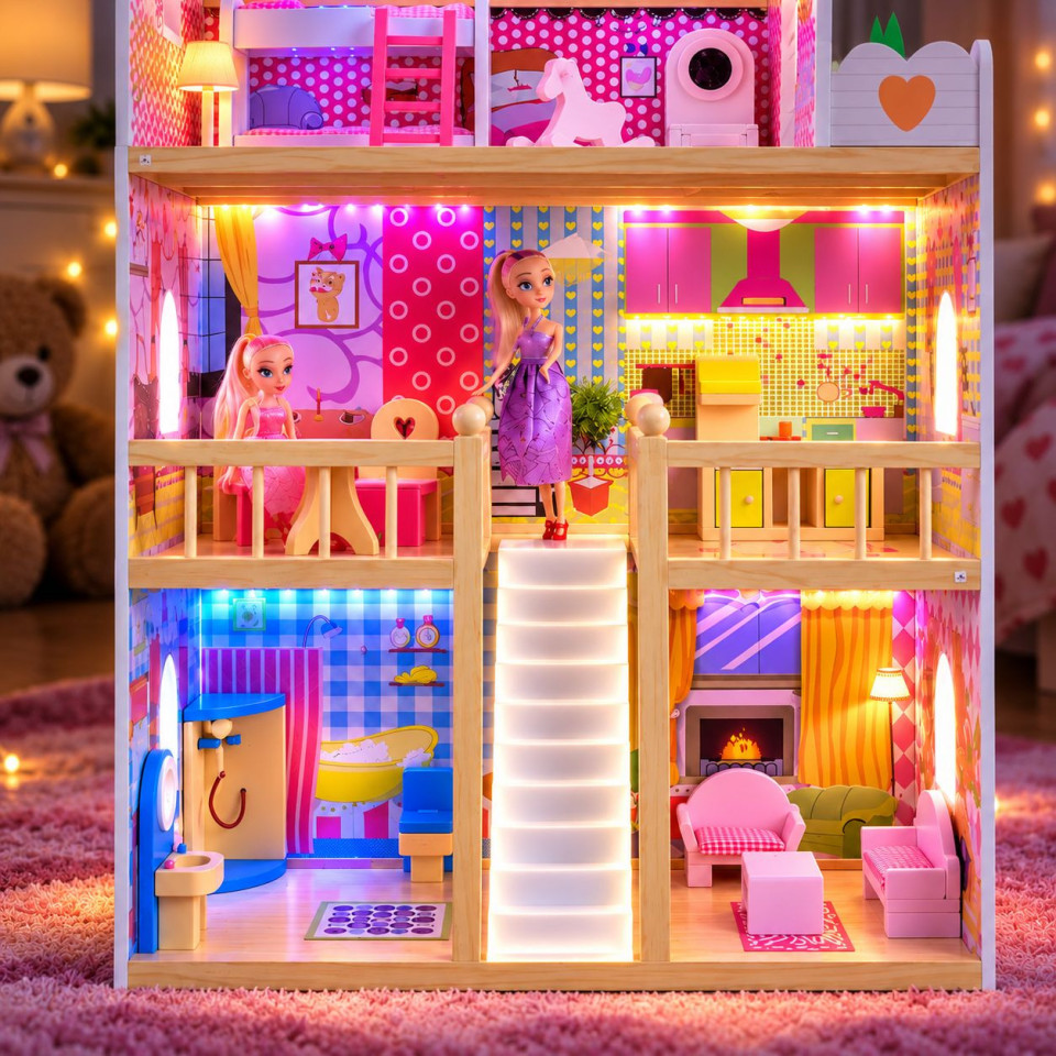 Casuta de papusi din lemn, 90 cm, cu iluminare led rgb, 3 etaje, 5 camere si mobilier inclus