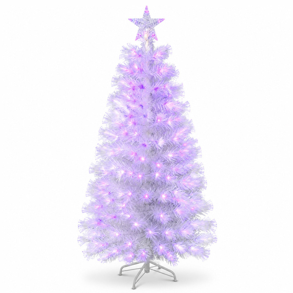 Brad de craciun artificial alb, 180 cm, cu fibra optica multicolora, 12 moduri de iluminare, stea luminoasa, suport metalic