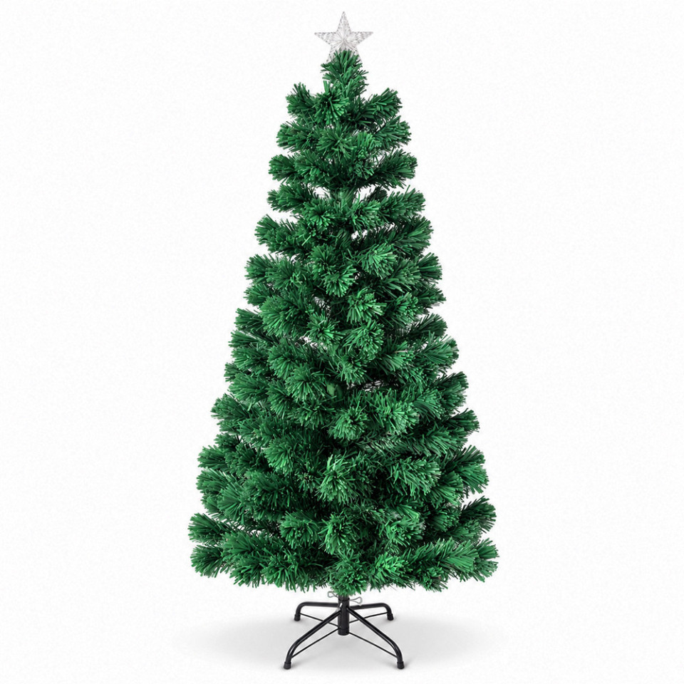 Brad de craciun artificial verde, 150 cm, cu fibra optica multicolora, iluminare integrata, stea luminoasa, suport metalic