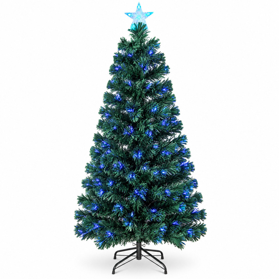 Brad de craciun artificial verde, 150 cm, cu fibra optica multicolora, iluminare integrata, stea luminoasa, suport metalic