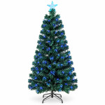 Brad de craciun artificial verde, 150 cm, cu fibra optica multicolora, iluminare integrata, stea luminoasa, suport metalic