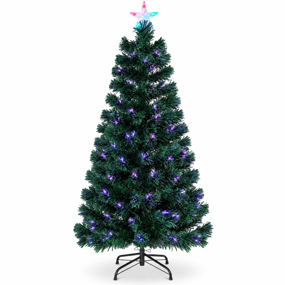 Brad de craciun artificial verde, 150 cm, cu fibra optica multicolora, iluminare integrata, stea luminoasa, suport metalic