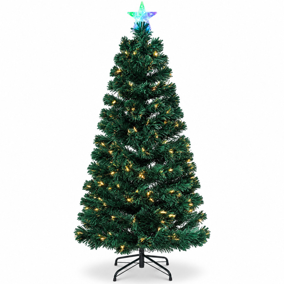 Brad de craciun artificial verde, 150 cm, cu fibra optica multicolora, iluminare integrata, stea luminoasa, suport metalic