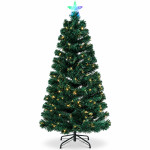 Brad de craciun artificial verde, 150 cm, cu fibra optica multicolora, iluminare integrata, stea luminoasa, suport metalic