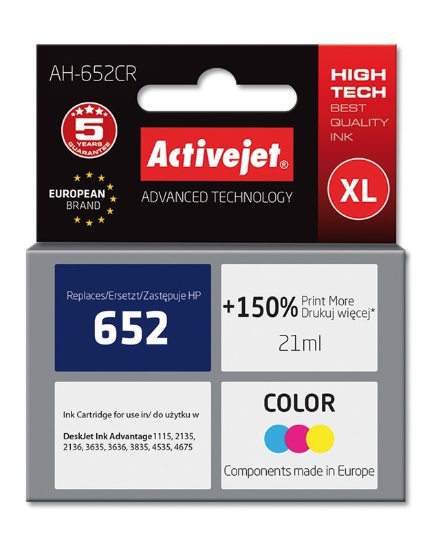 Cartus compatibil hp 652 xl color pentru hp, 21 ml, premium activejet, garantie 5 ani