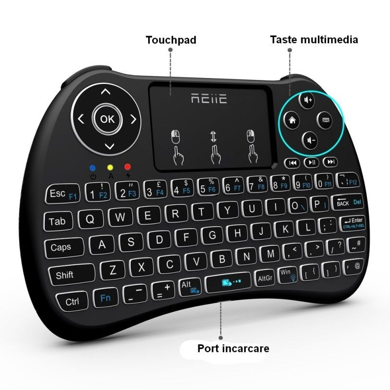 Mini tastatura iluminata, wireless cu touchpad, reiie h9+