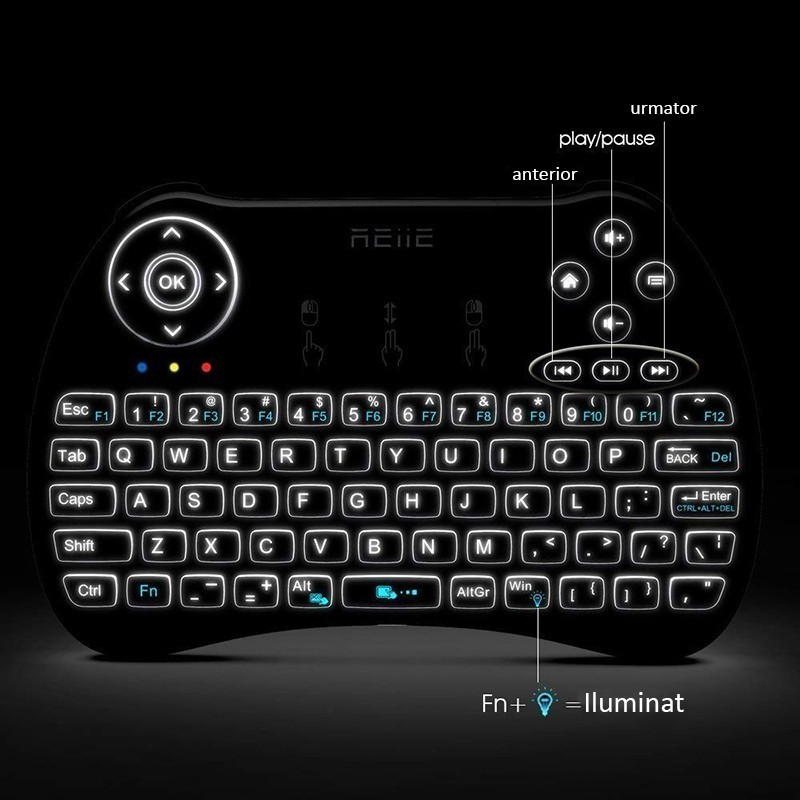 Mini tastatura iluminata, wireless cu touchpad, reiie h9+