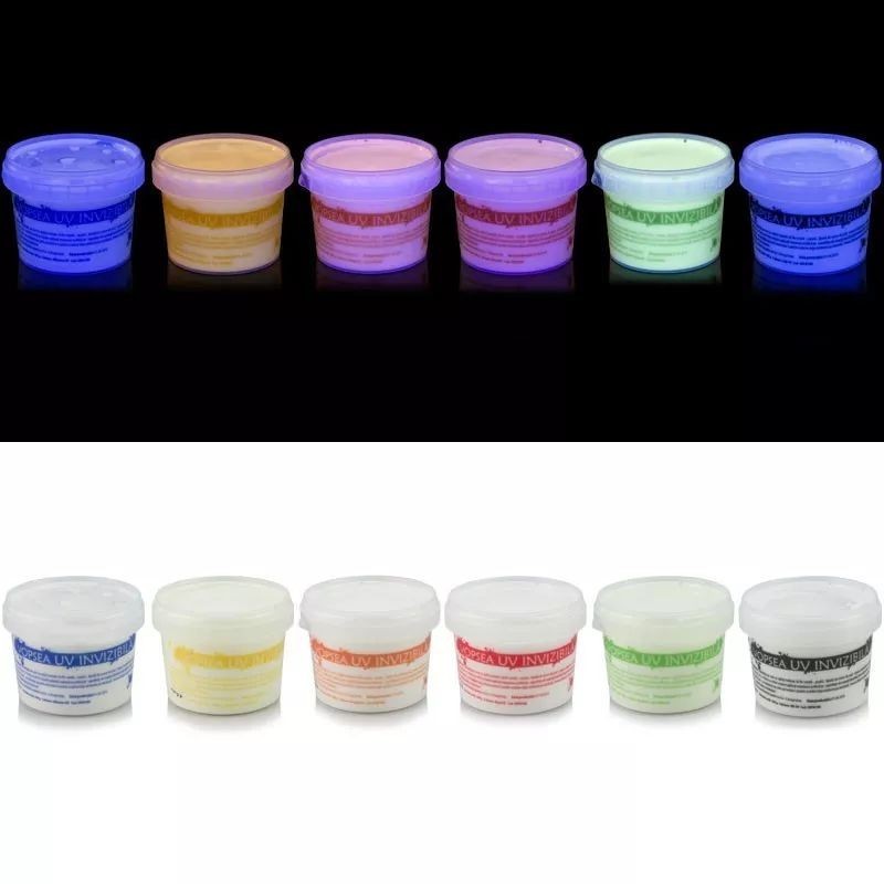 Vopsea invizibila fluorescenta reactiva uv, transparenta colorata, set 6 recipient 30 g