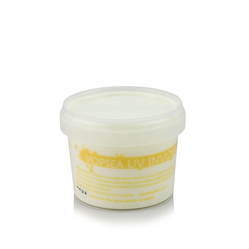 Vopsea invizibila fluorescenta reactiva uv, transparenta galbena recipient 30 g